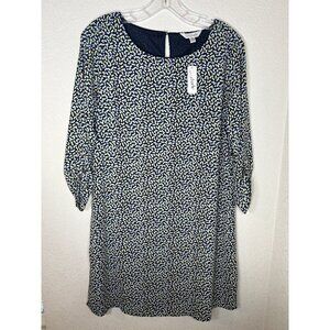 Charming Charlie Dress Womens Medium Shift Dress Blue Dots Roll Tab Sleeves